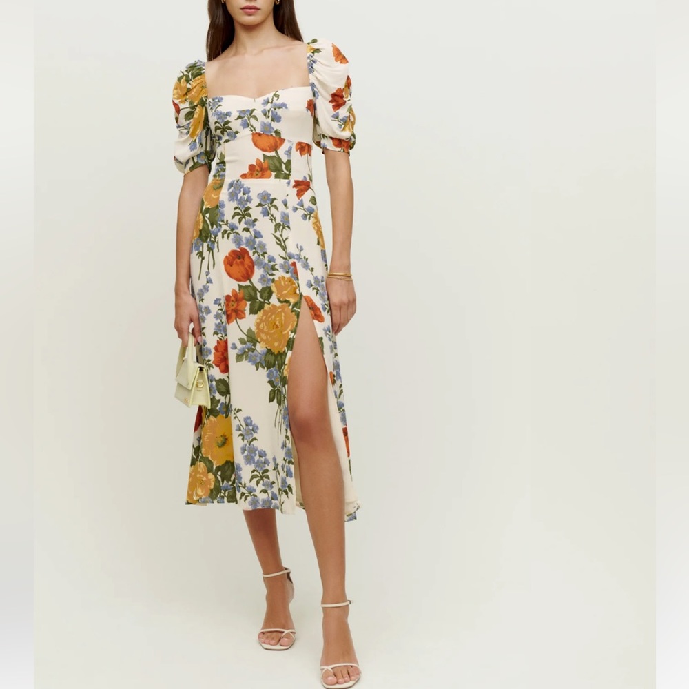 Reformation Midi Dress with Floral Print in Cream, Orange, and Blue